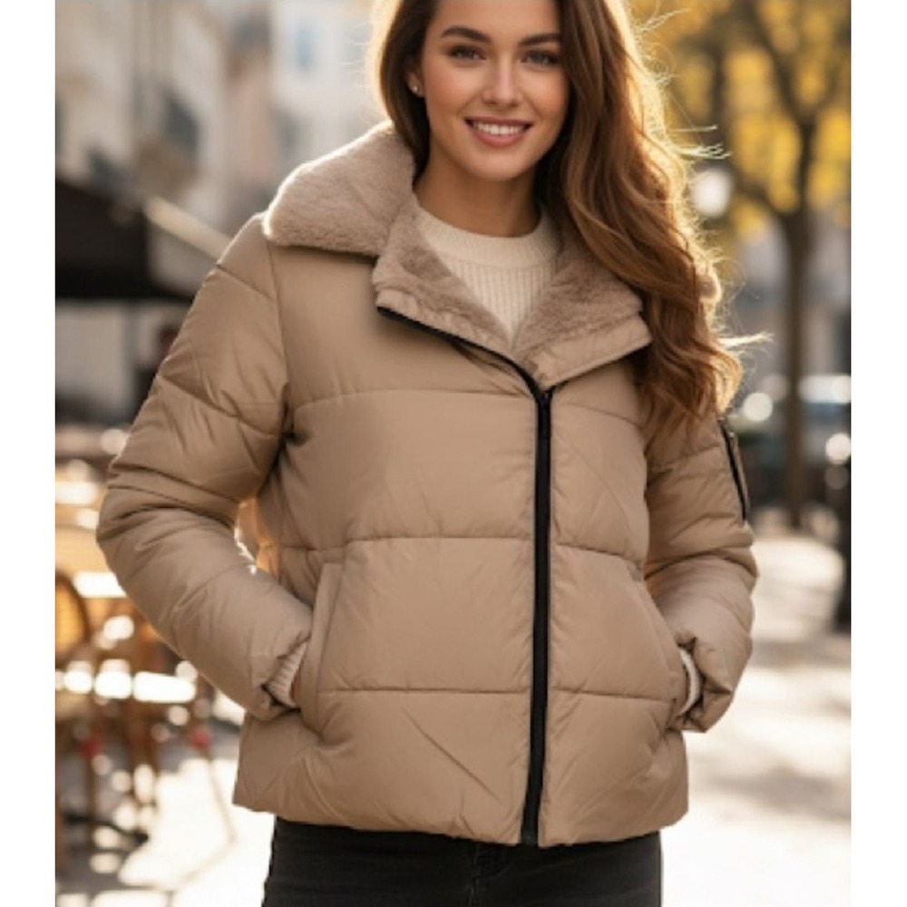 French Connection Womens XL Beige Short Puffer Jacket Faux Fur Collar F97890